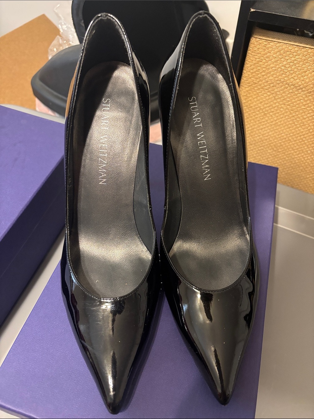 Stuart Weitzman Black Patent Pointed-Toe Stiletto Pumps - Picture 3 of 7